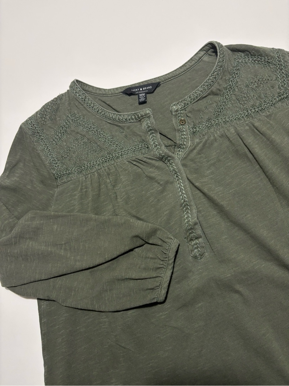Lucky Brand Olive Green Earth Tone 3/4 Length Long Sleeve Cotton Top
